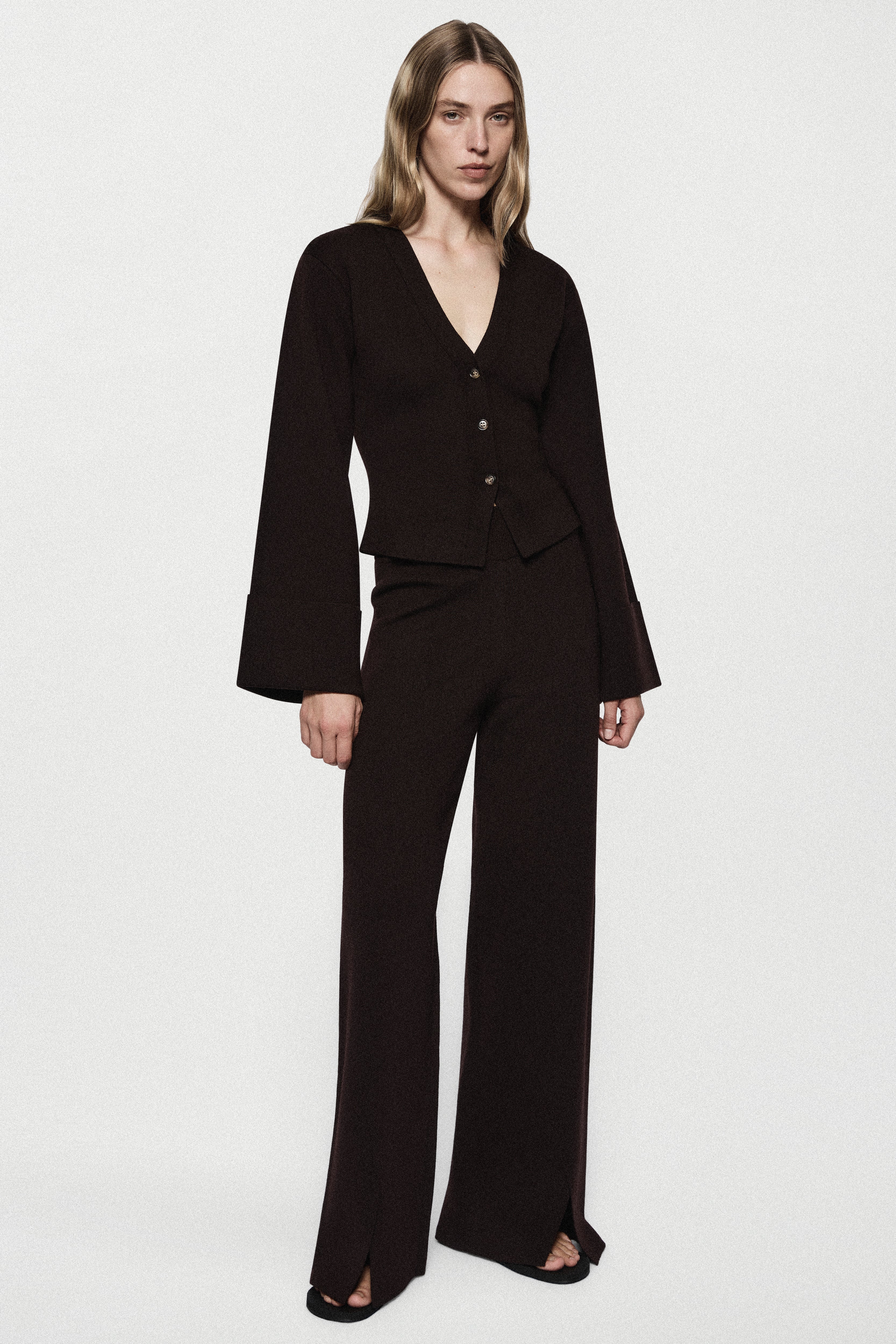 Women’s merino wide-leg pants in dark brown, high-rise with front button closure
