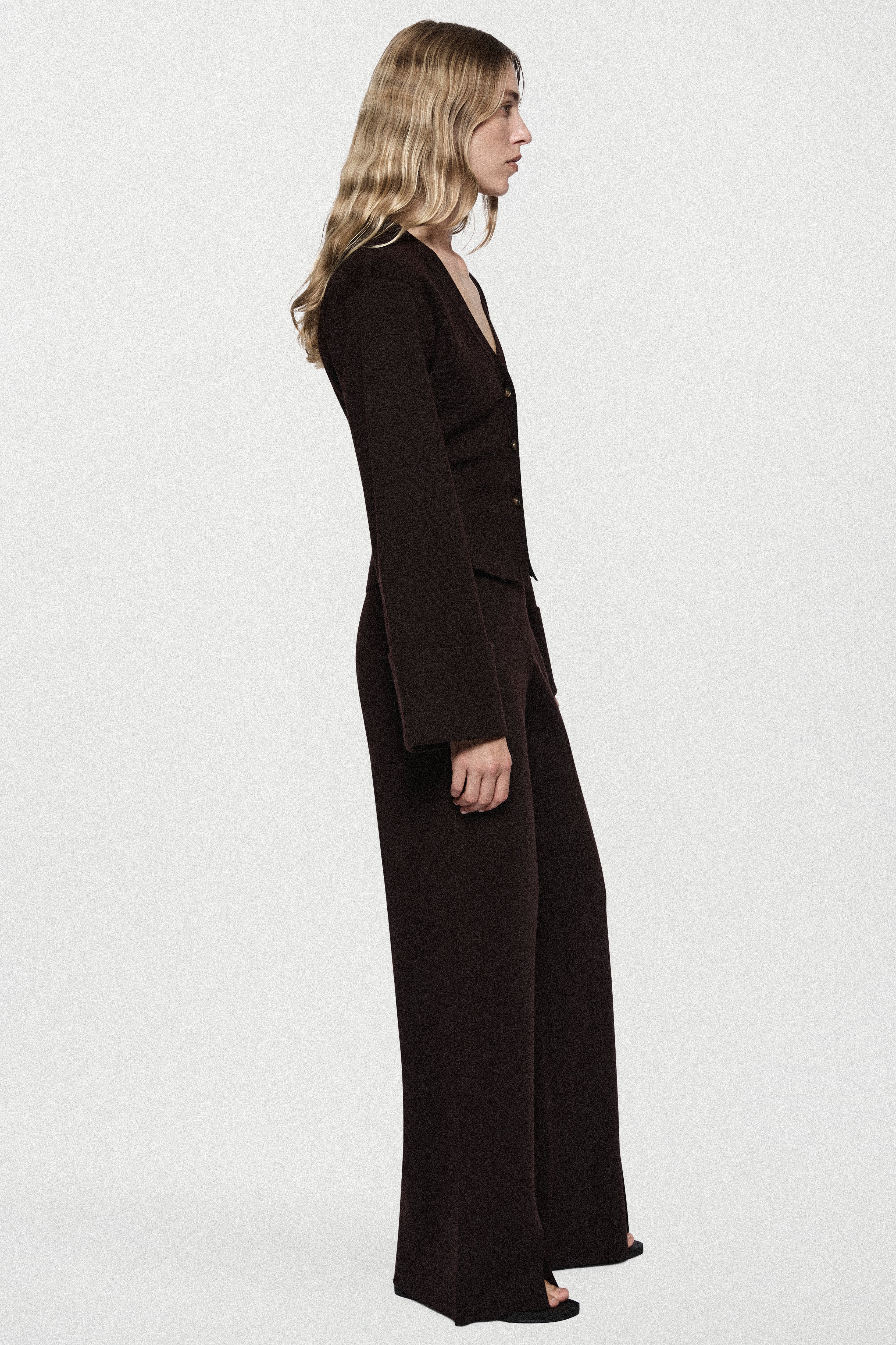 Women’s merino wide-leg pants in dark brown, long straight drape from hip to hem