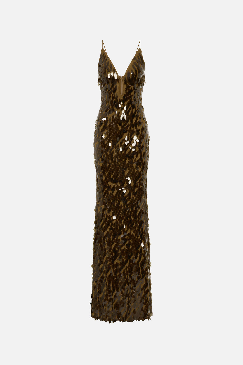 Olive-gold sequin maxi dress, sleeveless V-neck with fitted silhouette