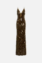Olive-gold sequin maxi dress, sleeveless V-neck with fitted silhouette
