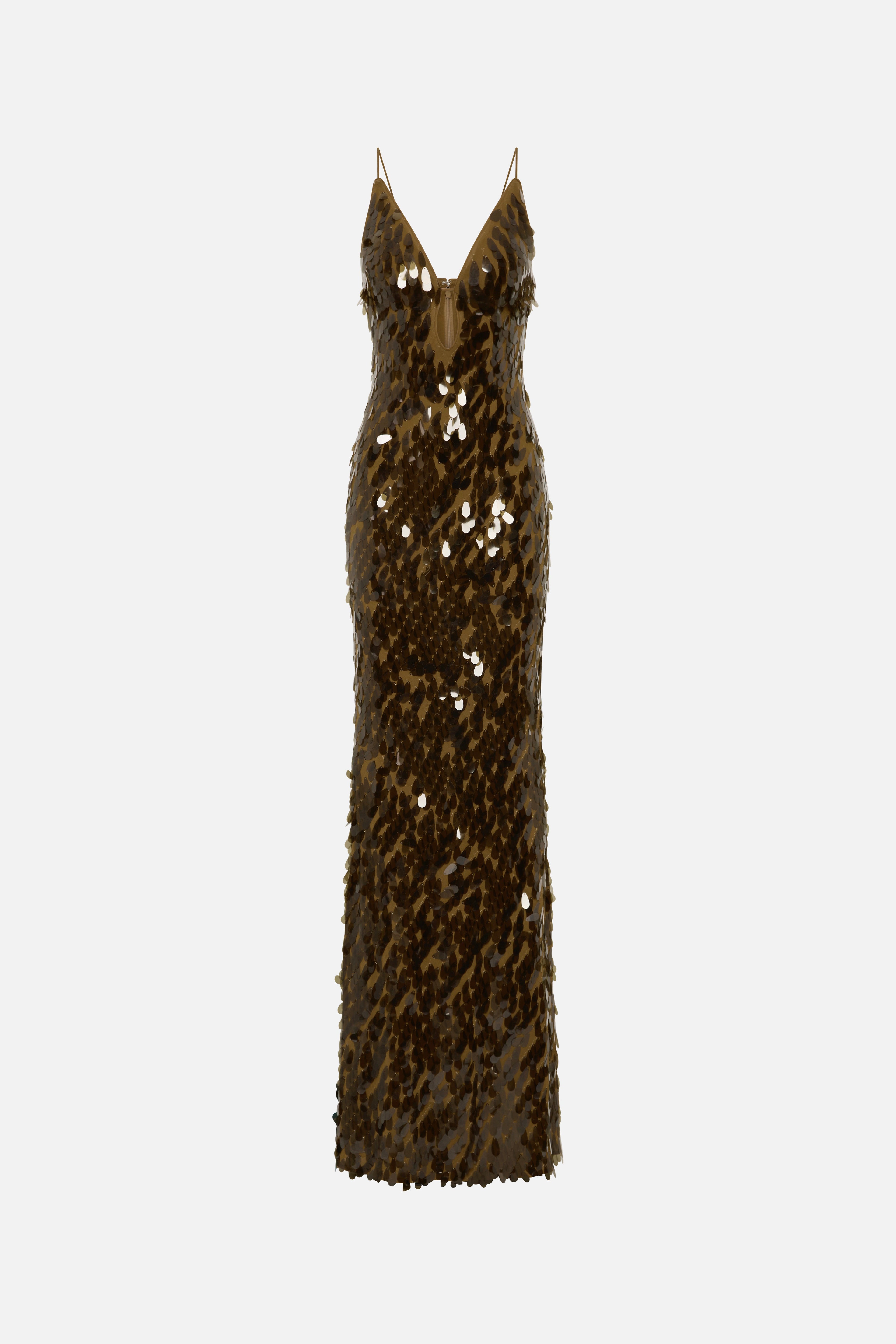 Olive-gold sequin maxi dress, sleeveless V-neck with fitted silhouette