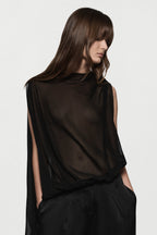Black sheer sleeveless silk blouse with high neck and flowing drape detail