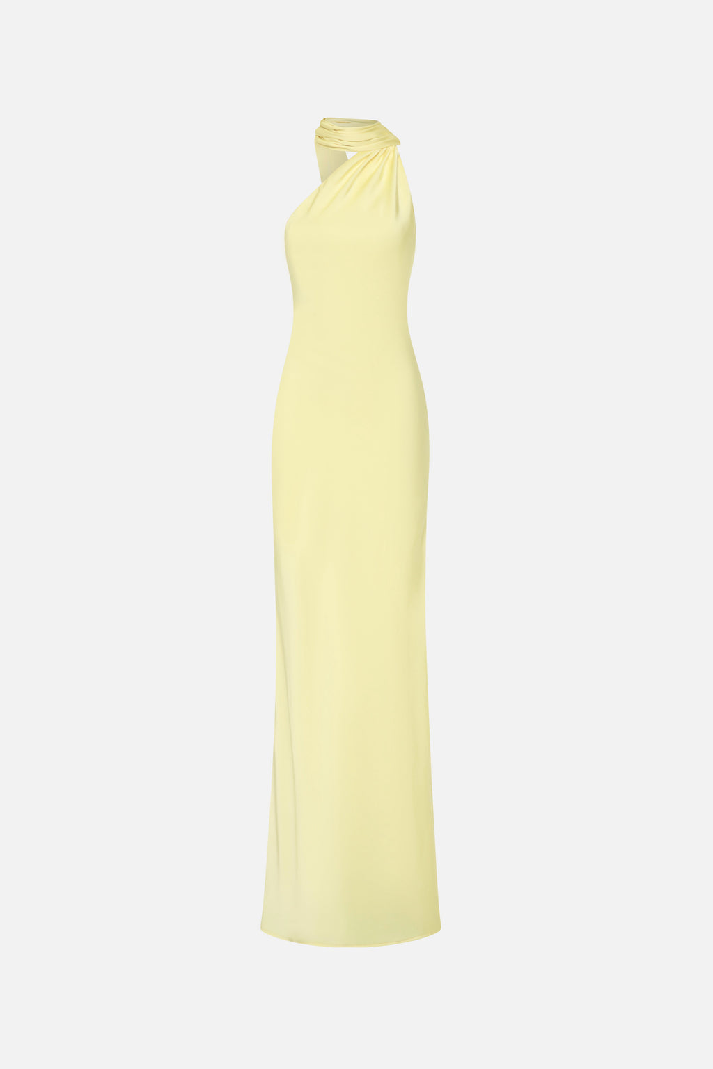 Lemon satin halter maxi dress with gathered twisted bodice and sleeveless column skirt