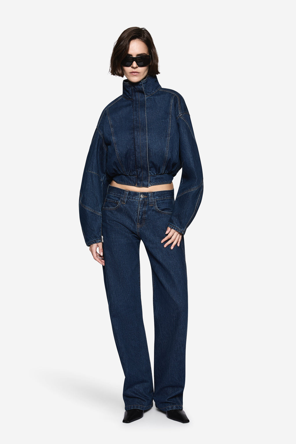 Vintage blue denim jacket with high neck, full zip, cropped fit