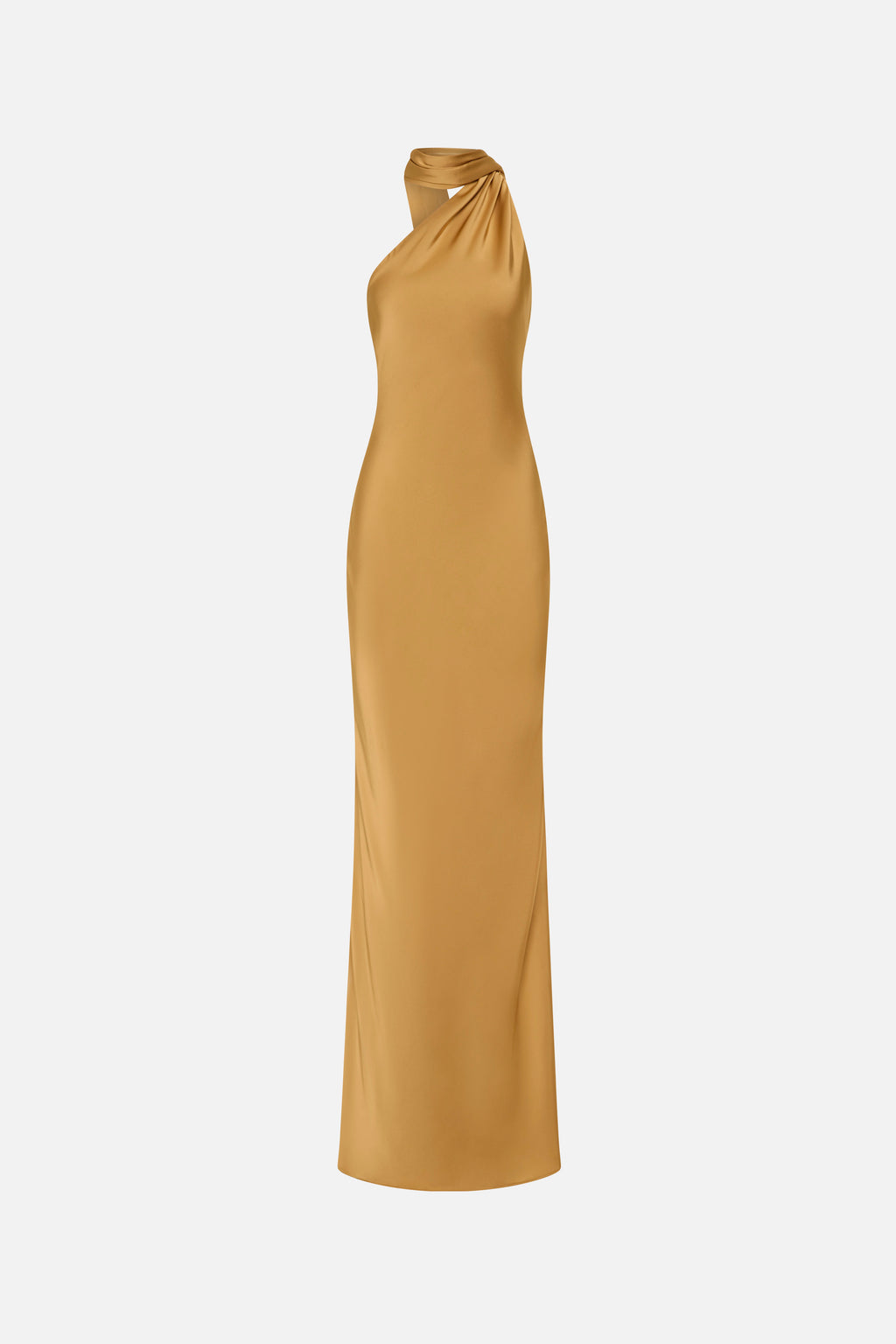 Mustard gold satin halter maxi dress with sleeveless silhouette and draped neck