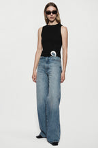 Black ribbed sleeveless tank top with crew neckline
