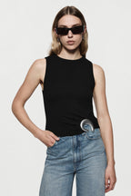Black ribbed sleeveless tank top, fitted, crew neckline