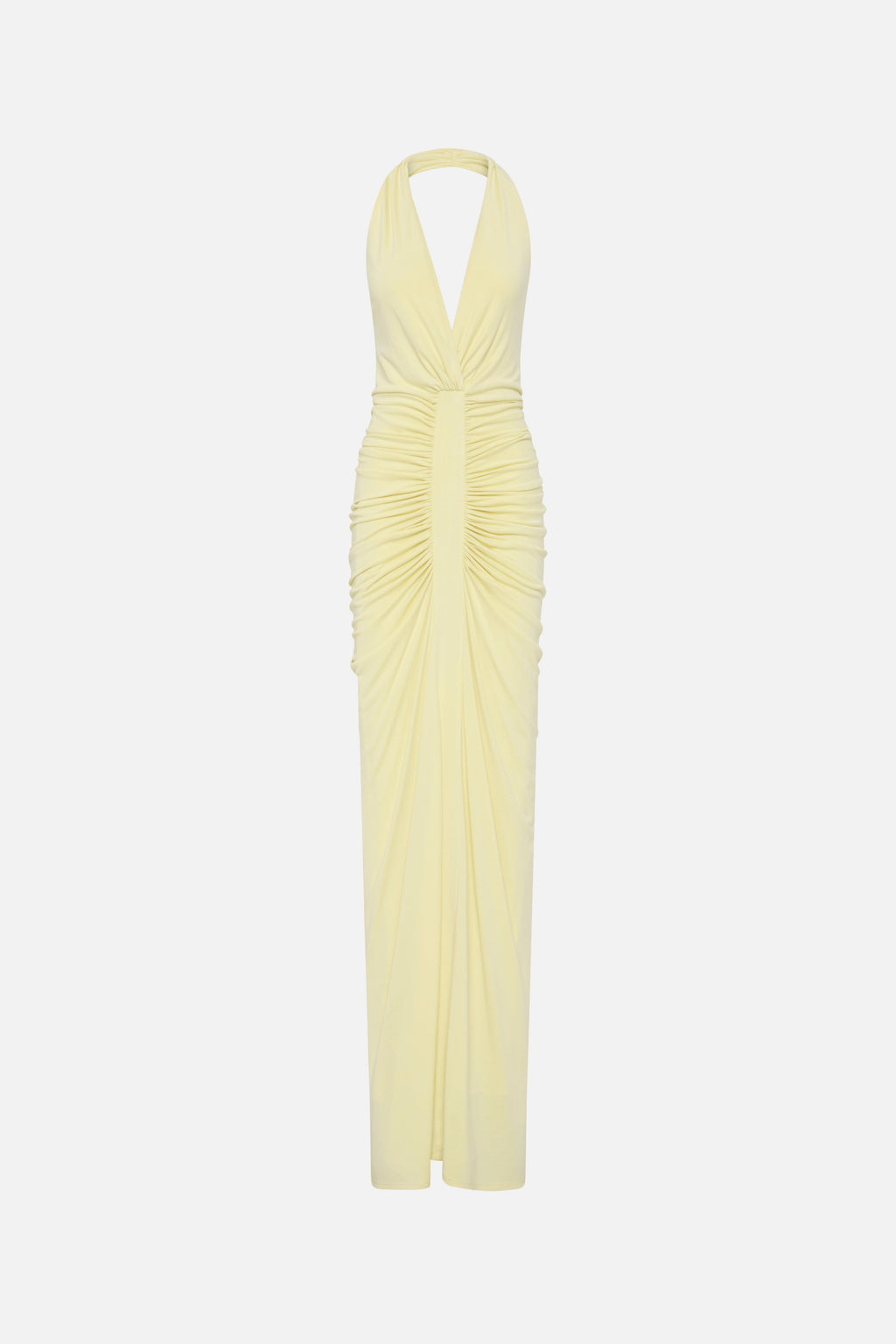 Lemon gathered cupro maxi dress with halter V back and ruched center, sleeveless