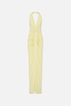 Lemon gathered cupro maxi dress with halter V back and ruched center, sleeveless