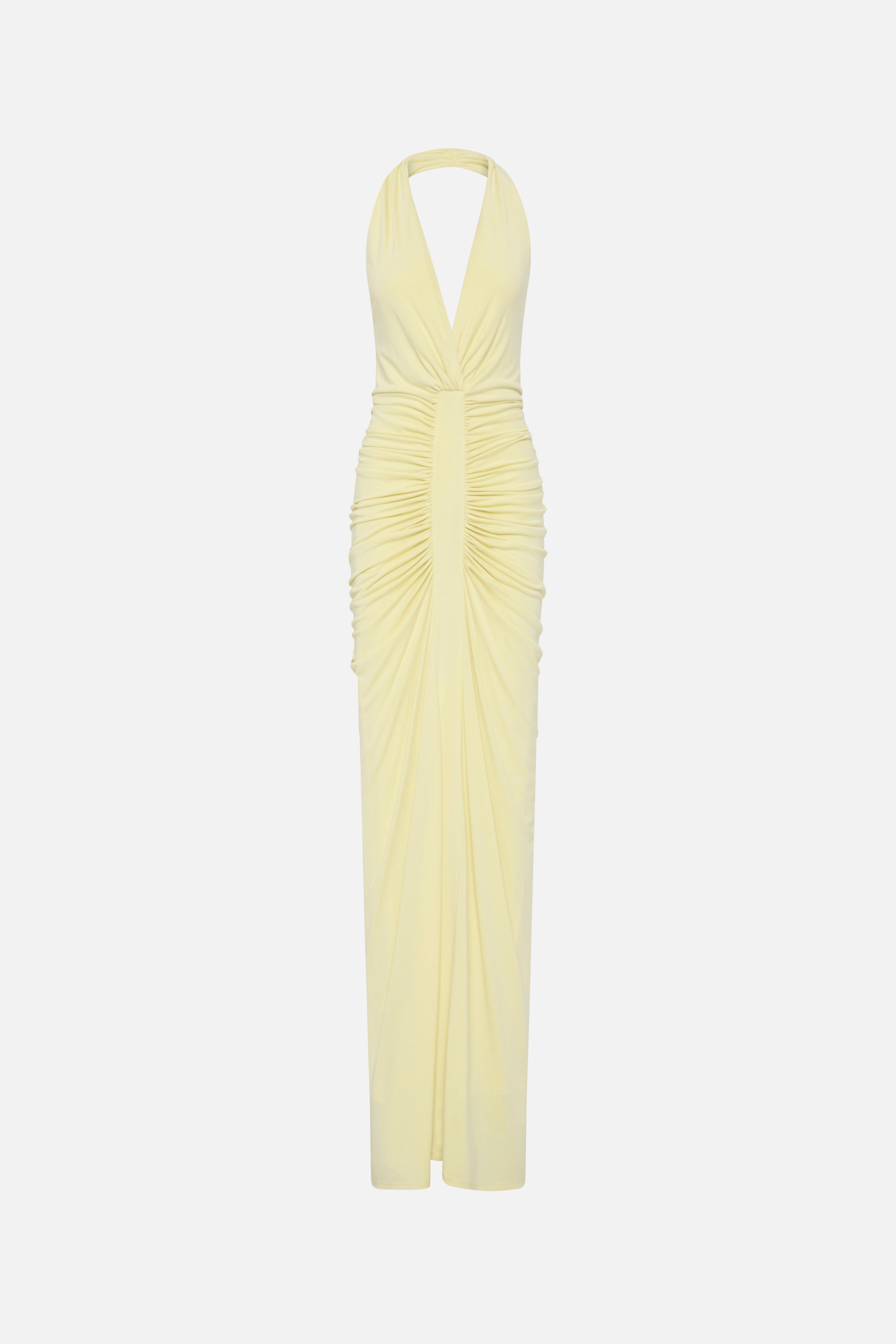 Lemon gathered cupro maxi dress with halter V back and ruched center, sleeveless