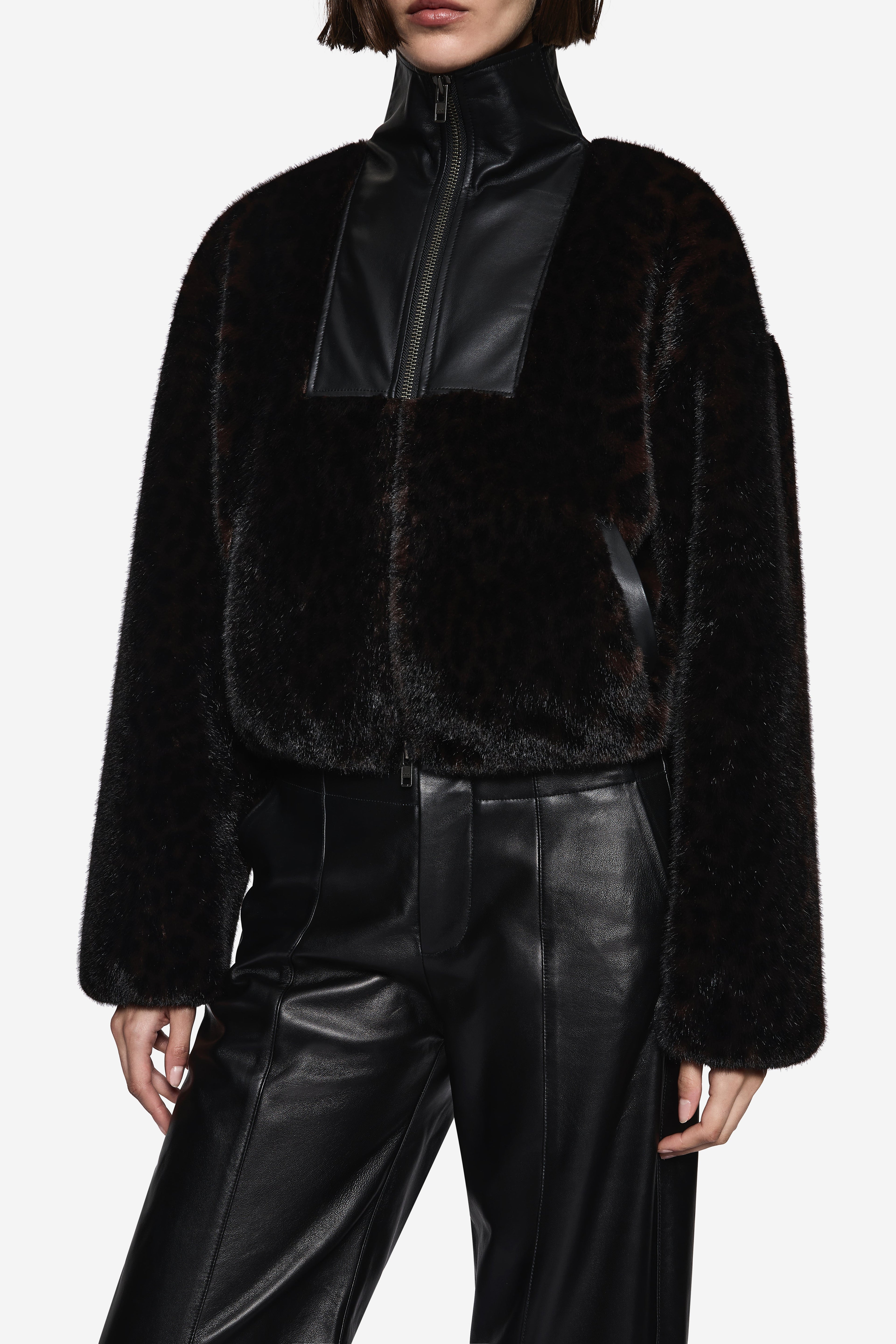 Black faux fur zip jacket with stand collar and front zipper detail
