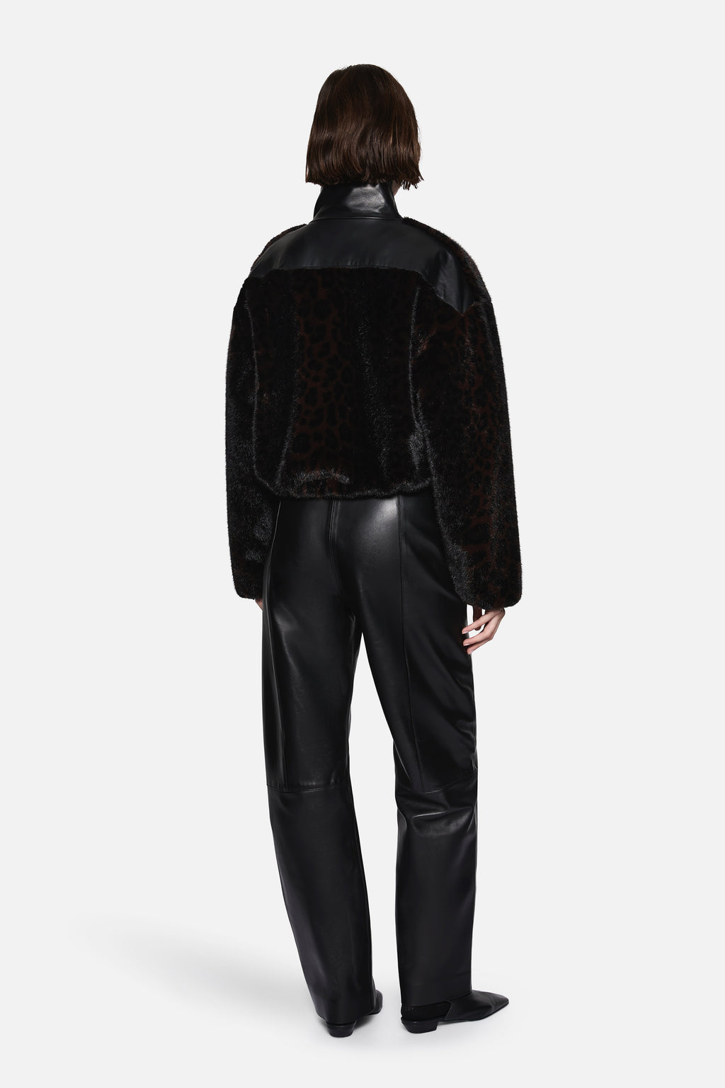 Black faux fur jacket with stand collar, back view