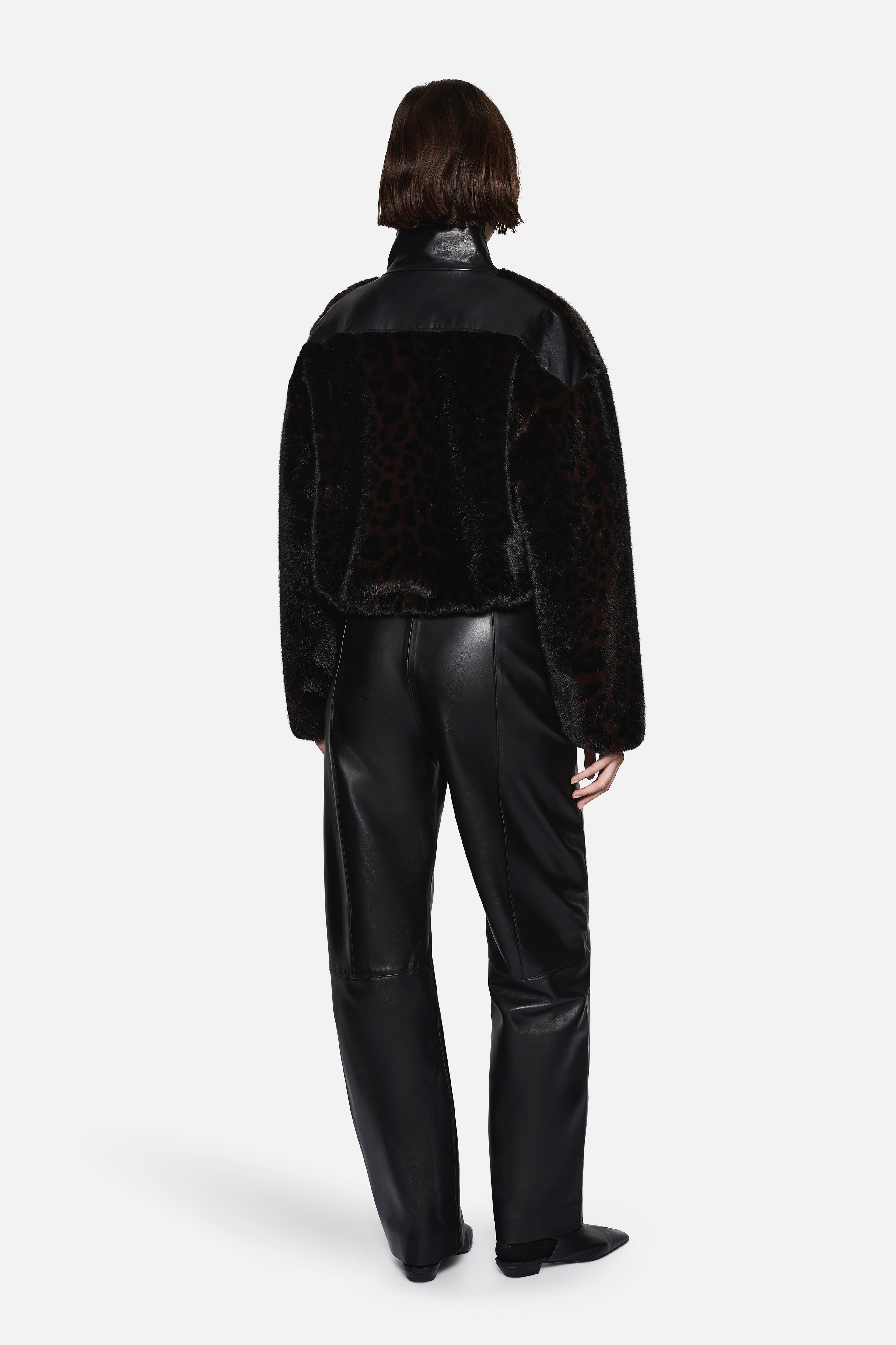 Black faux fur jacket with stand collar, back view