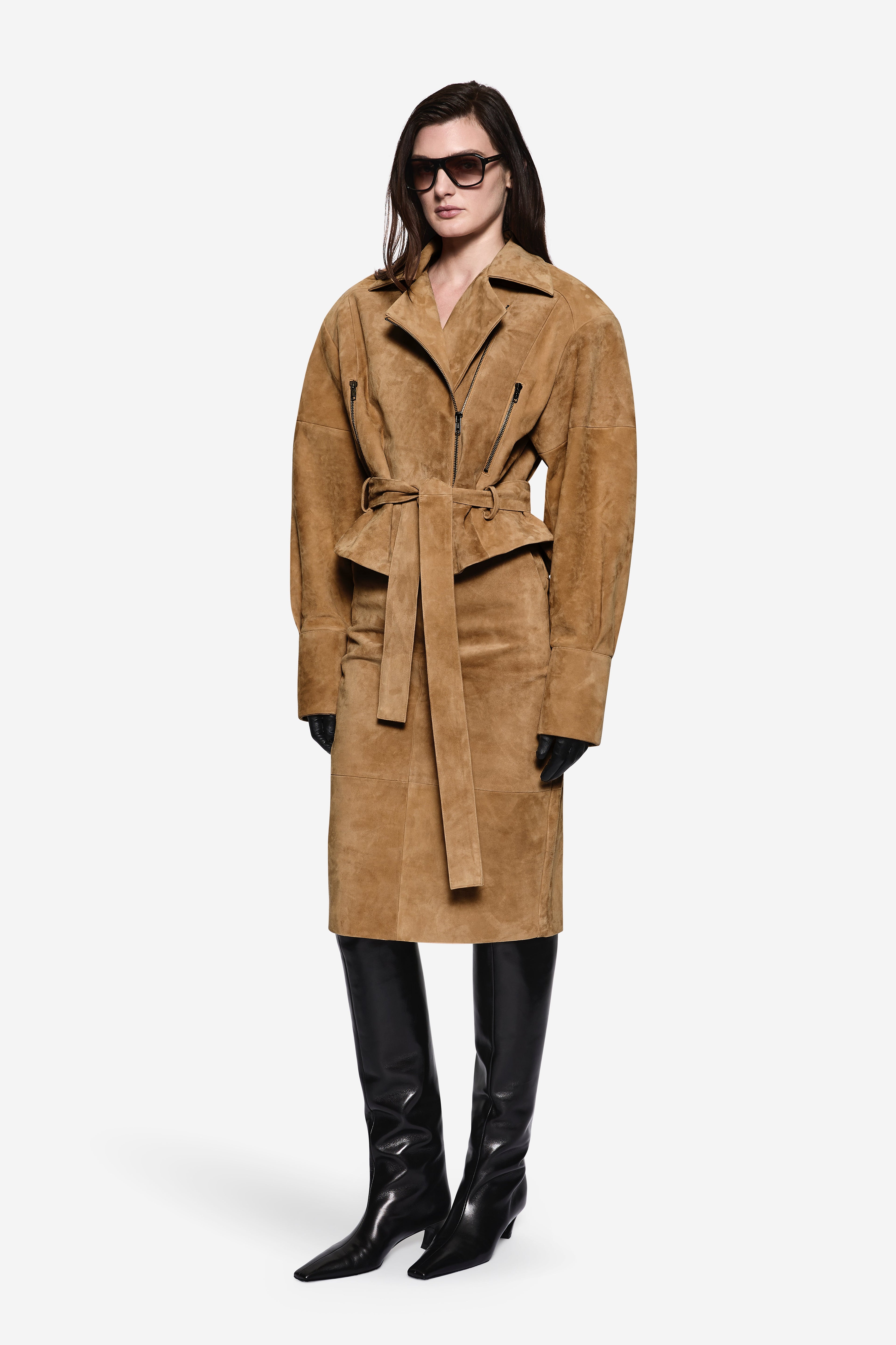 Tan suede leather belted coat-style jacket with front zipper, flap pockets, and long sleeves