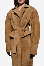 Tan suede leather belted jacket with notched collar, zipper front, and flap pockets