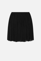 Black gathered jersey mini skirt with elastic waistband and pleated look.