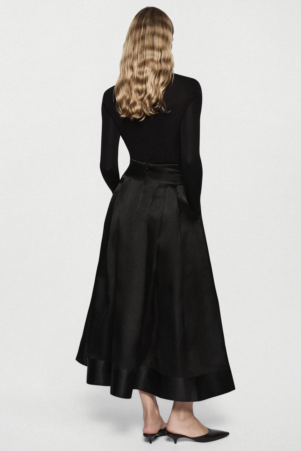 Black long-sleeve twist jersey top, back view, high ruched neckline