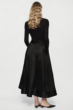 Black long-sleeve twist jersey top, back view, high ruched neckline