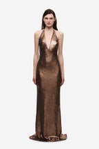 Mocha sequin halter maxi dress with plunging V neckline