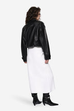 Black balloon leather jacket back view with stand collar and gathered sleeves