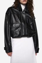 Black balloon leather jacket with zip front and flap pockets