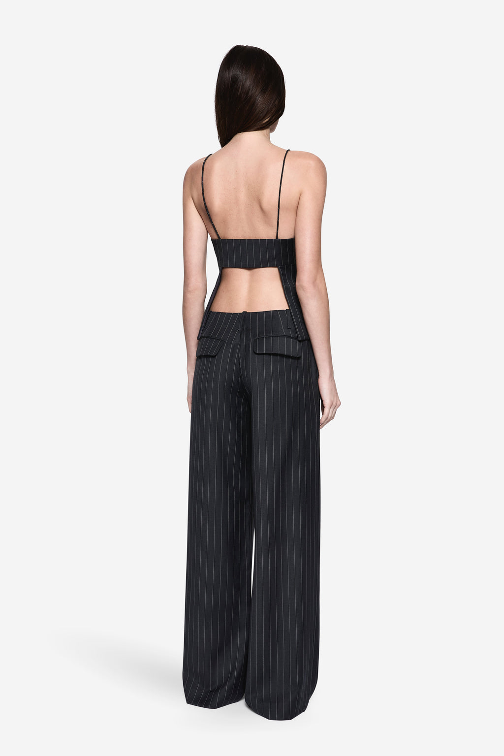 Back view of charcoal wool tailored pinstripe pants with wide legs