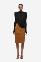 Black draped sheen jersey top with cowl neck and diagonal wrap, long sleeve