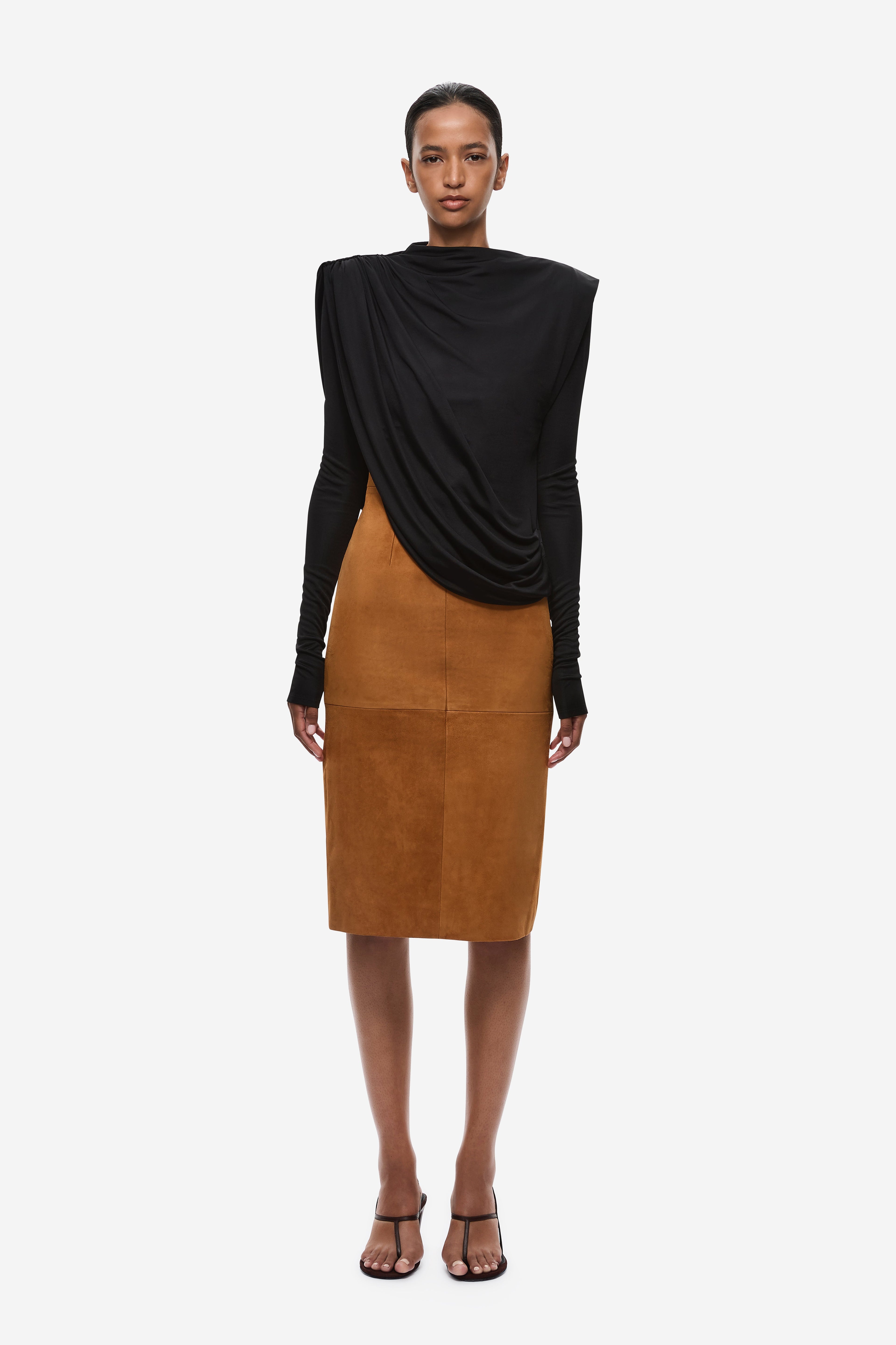 Black draped sheen jersey top with cowl neck and diagonal wrap, long sleeve