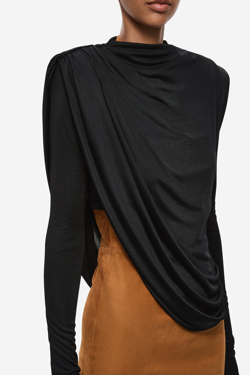 Black draped jersey top with cowl neck and diagonal wrap detail, long sleeve