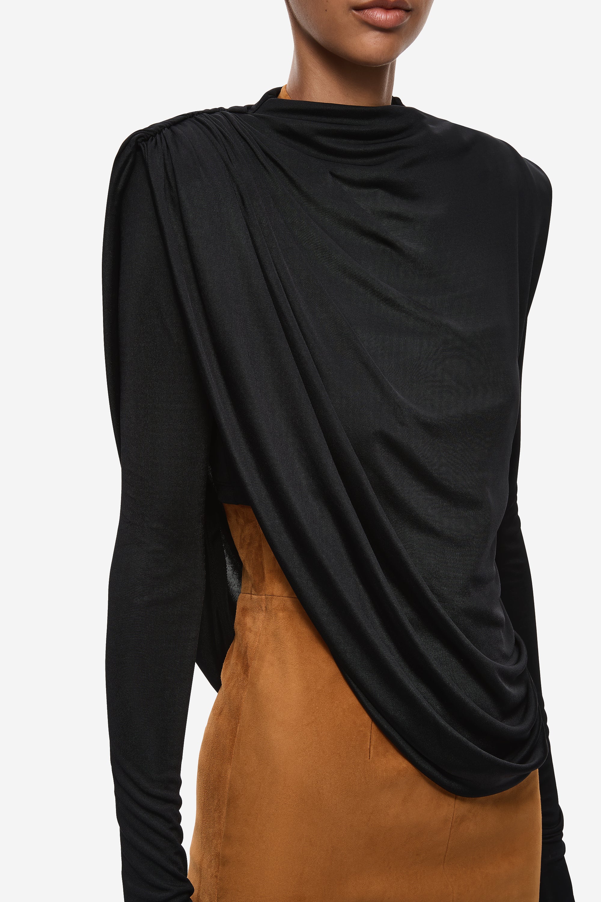 Black draped jersey top with cowl neck and diagonal wrap detail, long sleeve