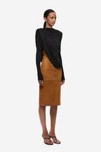 Black draped sheen jersey top with high cowl neck and diagonal drape, long sleeve