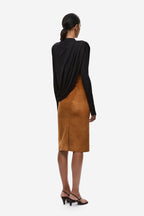Black draped jersey top with cowl neck, back drape detail, long sleeve