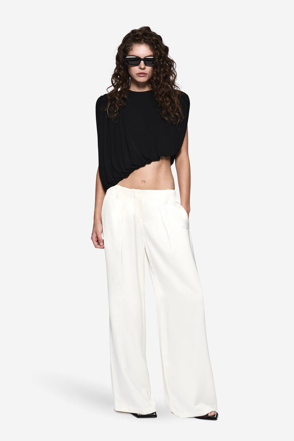 Off-white high-waist wide-leg acetate pants with pressed front creases