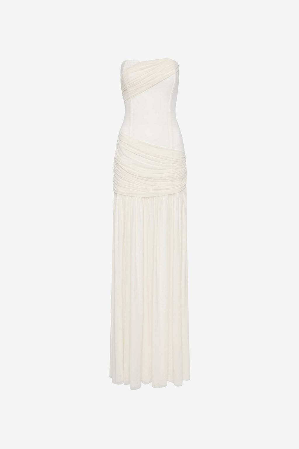 Whisper white wrapped maxi dress, strapless sweetheart bodice with ruched detail