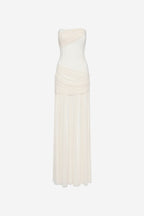 Whisper white wrapped maxi dress, strapless sweetheart bodice with ruched detail