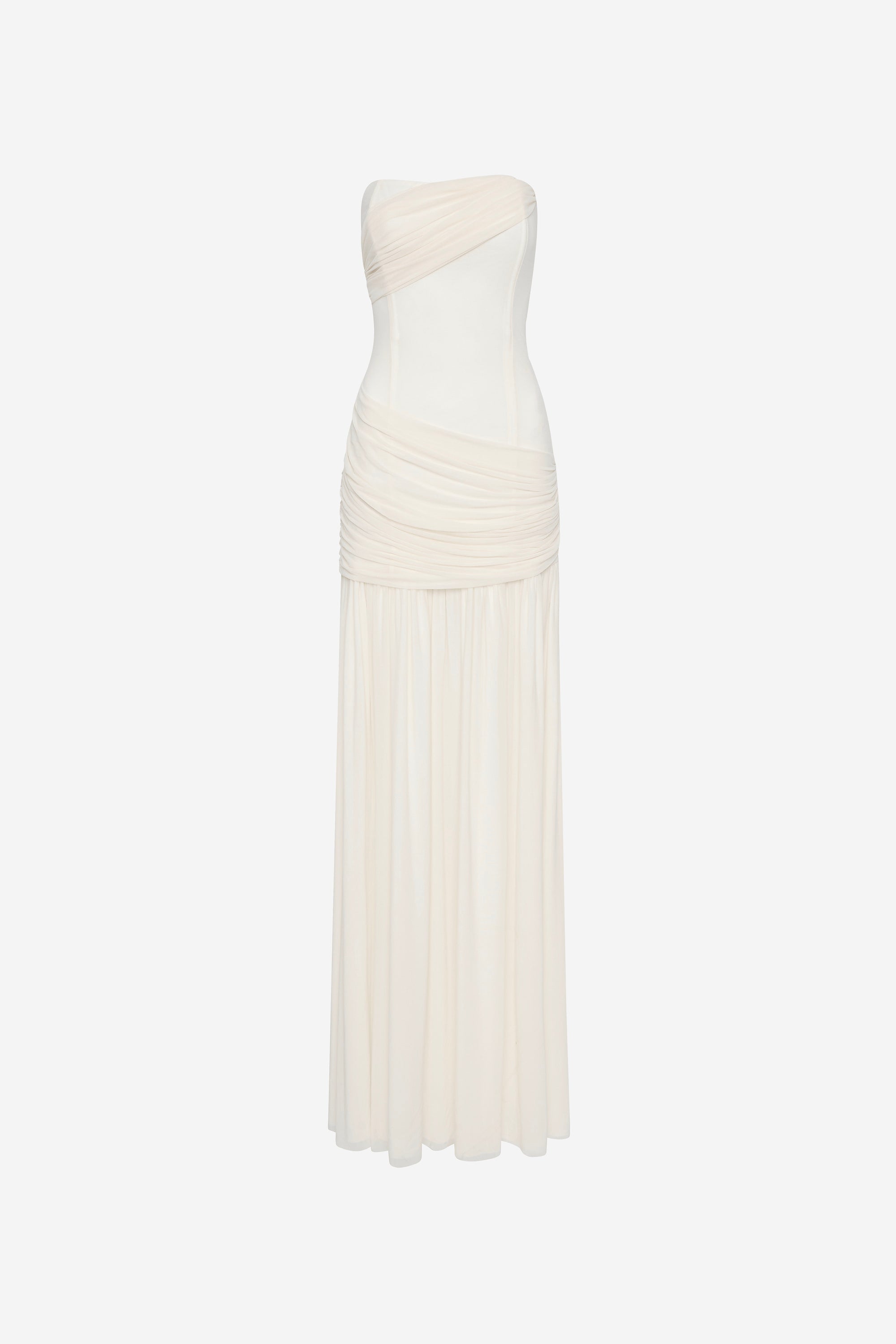 Whisper white wrapped maxi dress, strapless sweetheart bodice with ruched detail