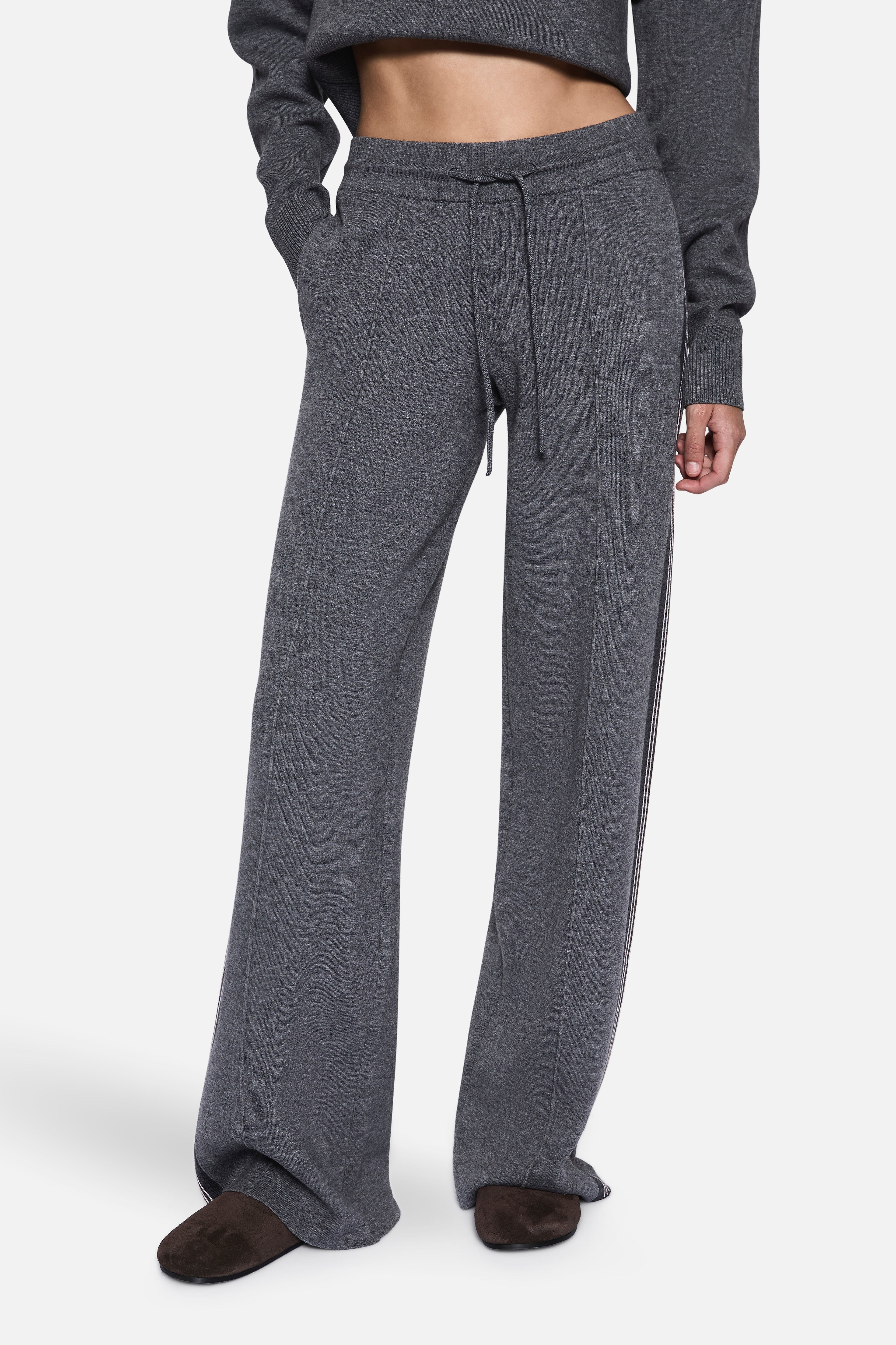 Grey marle merino knit pants with drawstring waist and side seam stripe detail