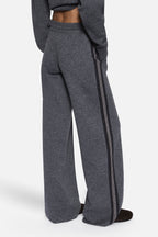 Grey marle merino knit pants with wide legs, drawstring waist, and side stripe panels
