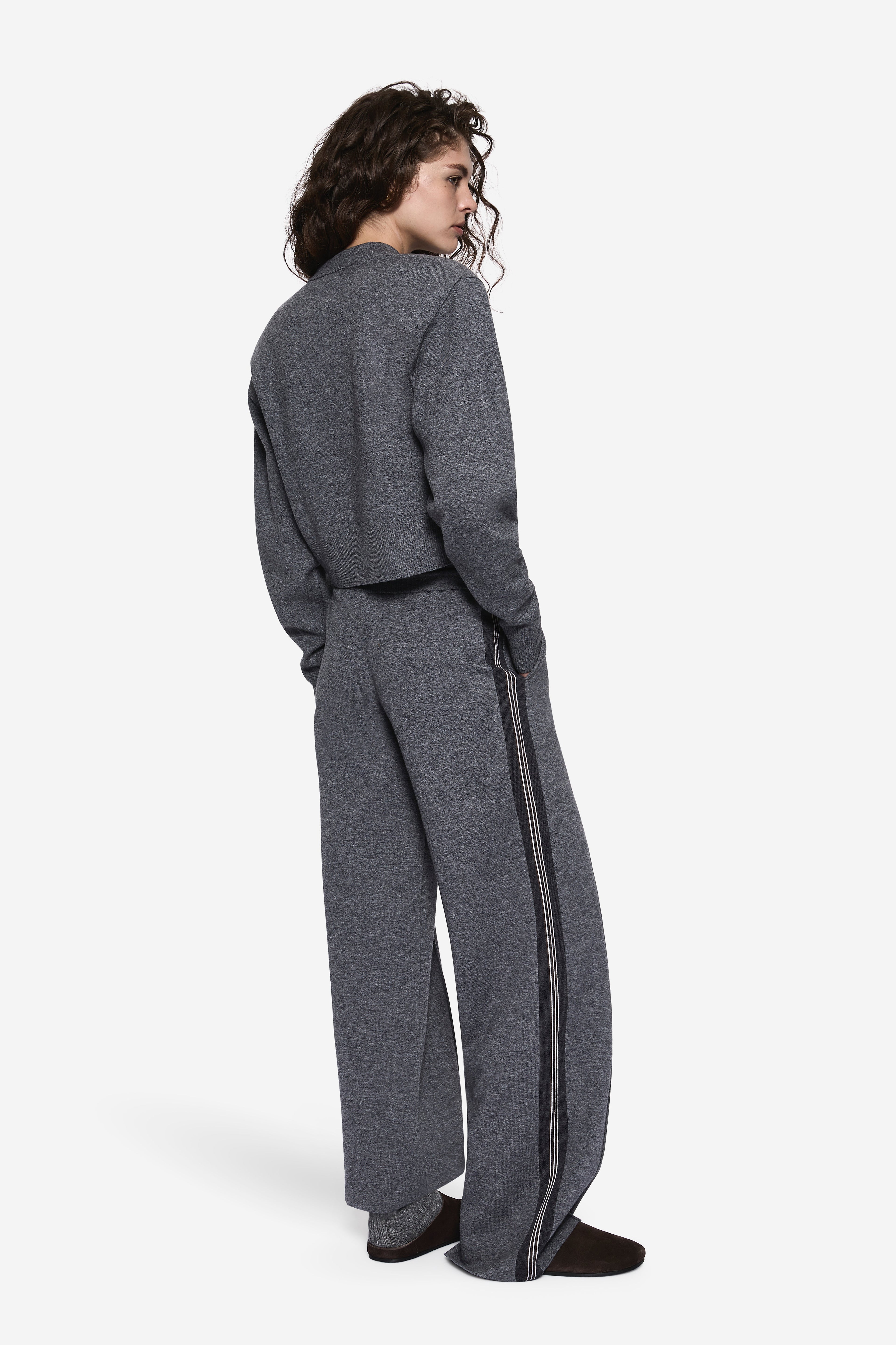 Grey marle merino knit pants with side stripe down leg and relaxed wide-leg fit