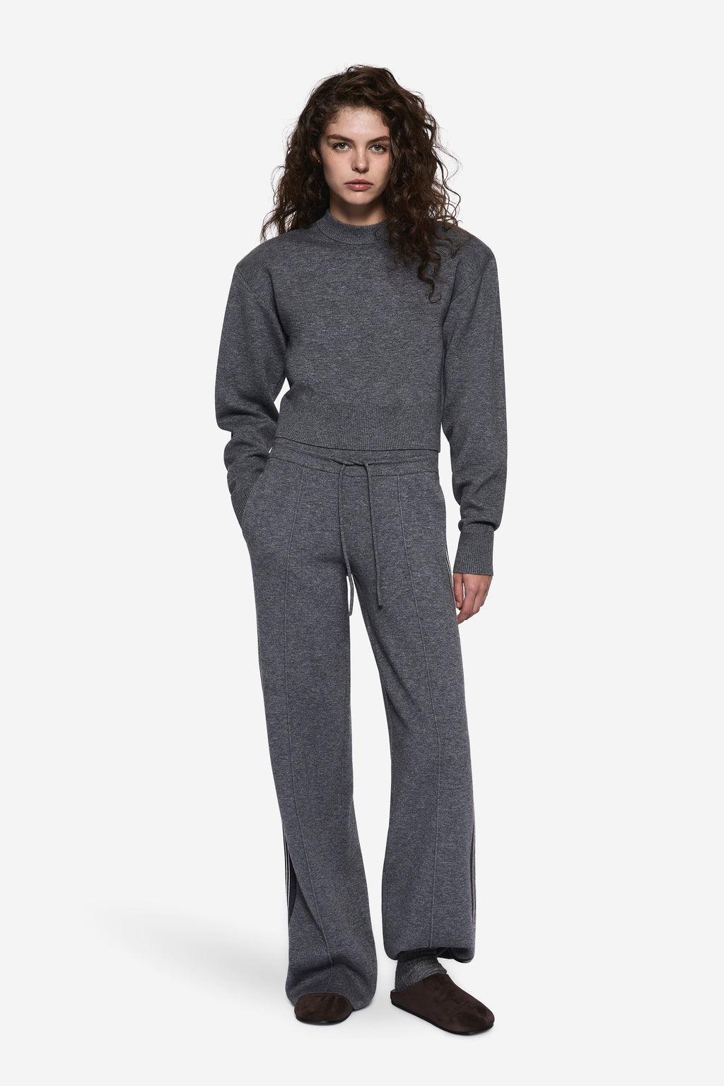 Grey marle merino knit pants with relaxed wide legs and drawstring waist