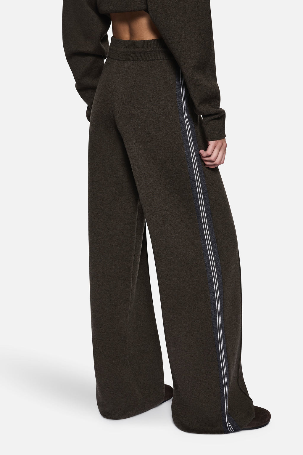 Merino knit pants, dark hunter green with vertical blue side stripe and wide leg