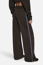 Merino knit pants, dark hunter green with vertical blue side stripe and wide leg