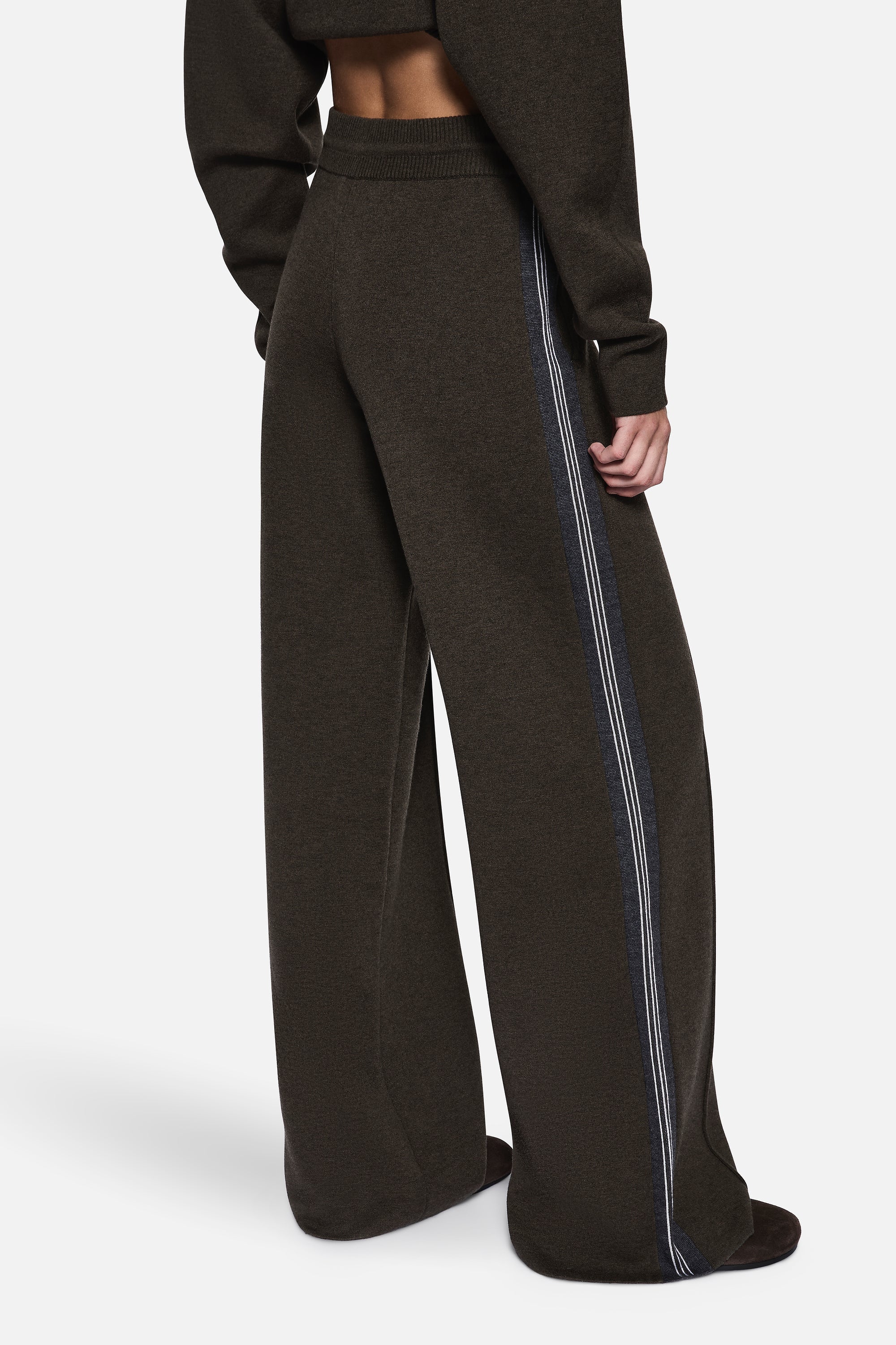 Merino knit pants, dark hunter green with vertical blue side stripe and wide leg
