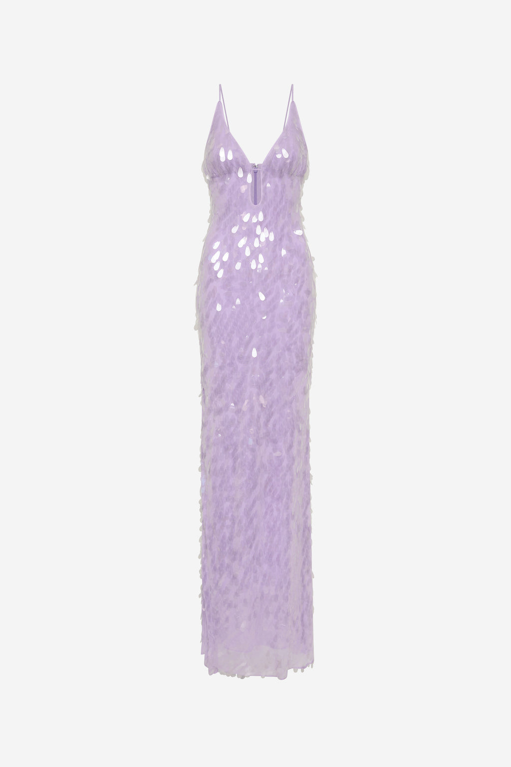 Lilac sequin slip maxi dress with V-neck and thin straps