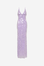 Lilac sequin slip maxi dress with V-neck and thin straps