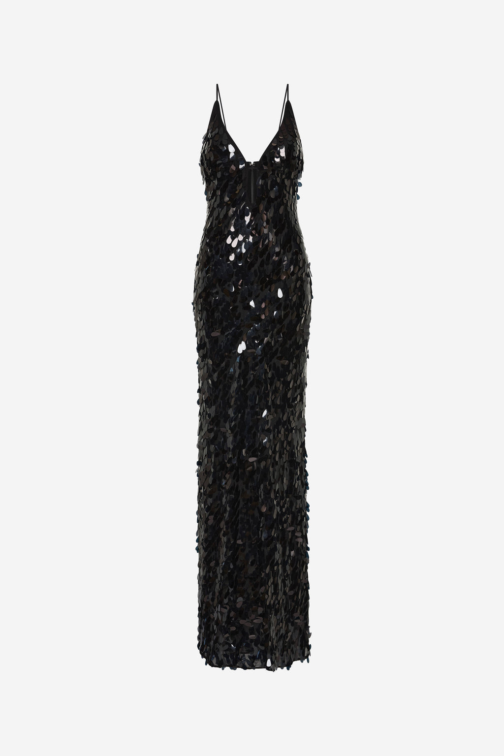 Black sequin maxi dress, V-neck with thin straps, floor-length fitted body