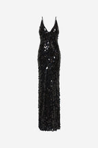 Black sequin maxi dress, V-neck with thin straps, floor-length fitted body