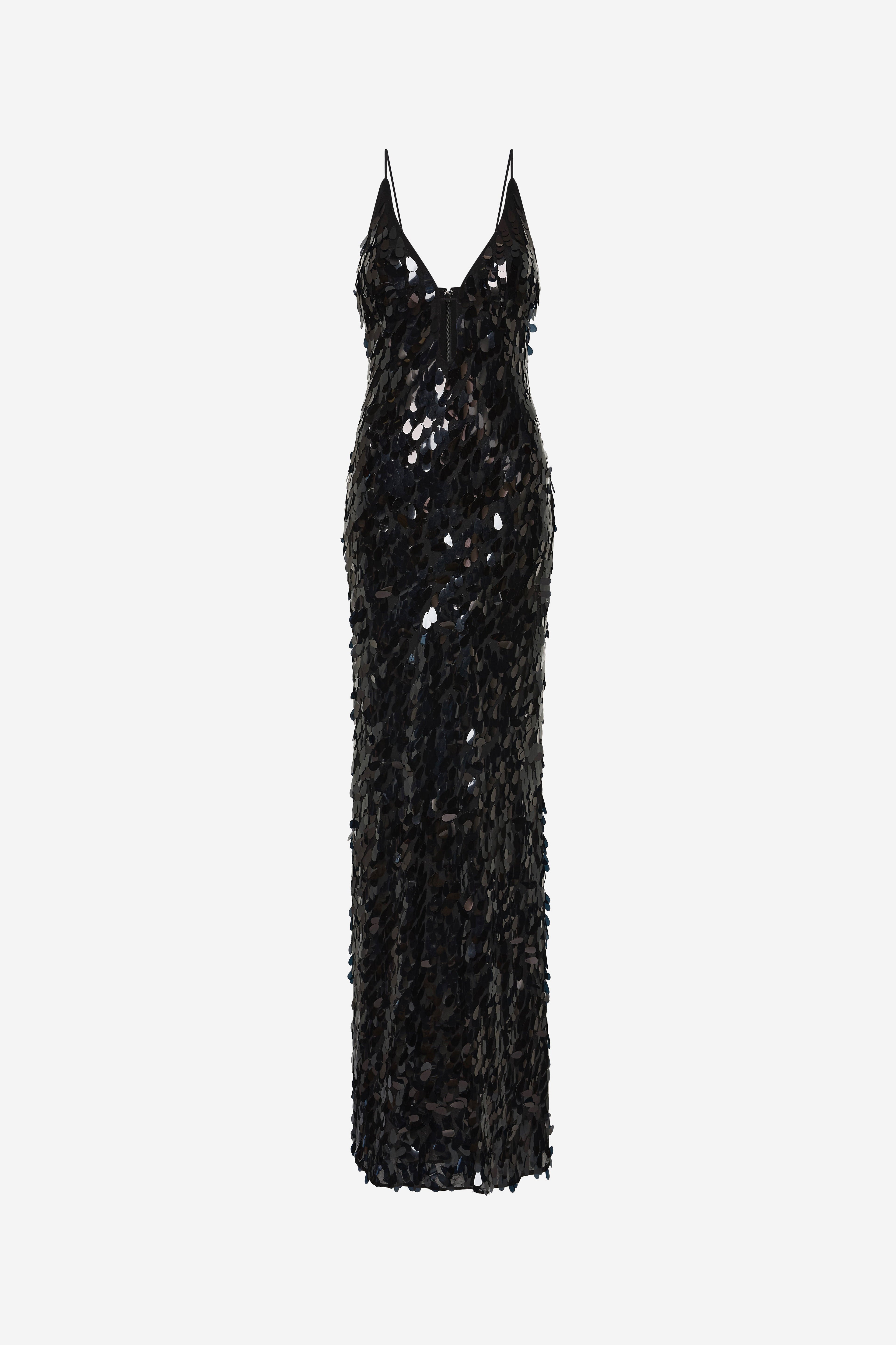 Black sequin maxi dress, V-neck with thin straps, floor-length fitted body
