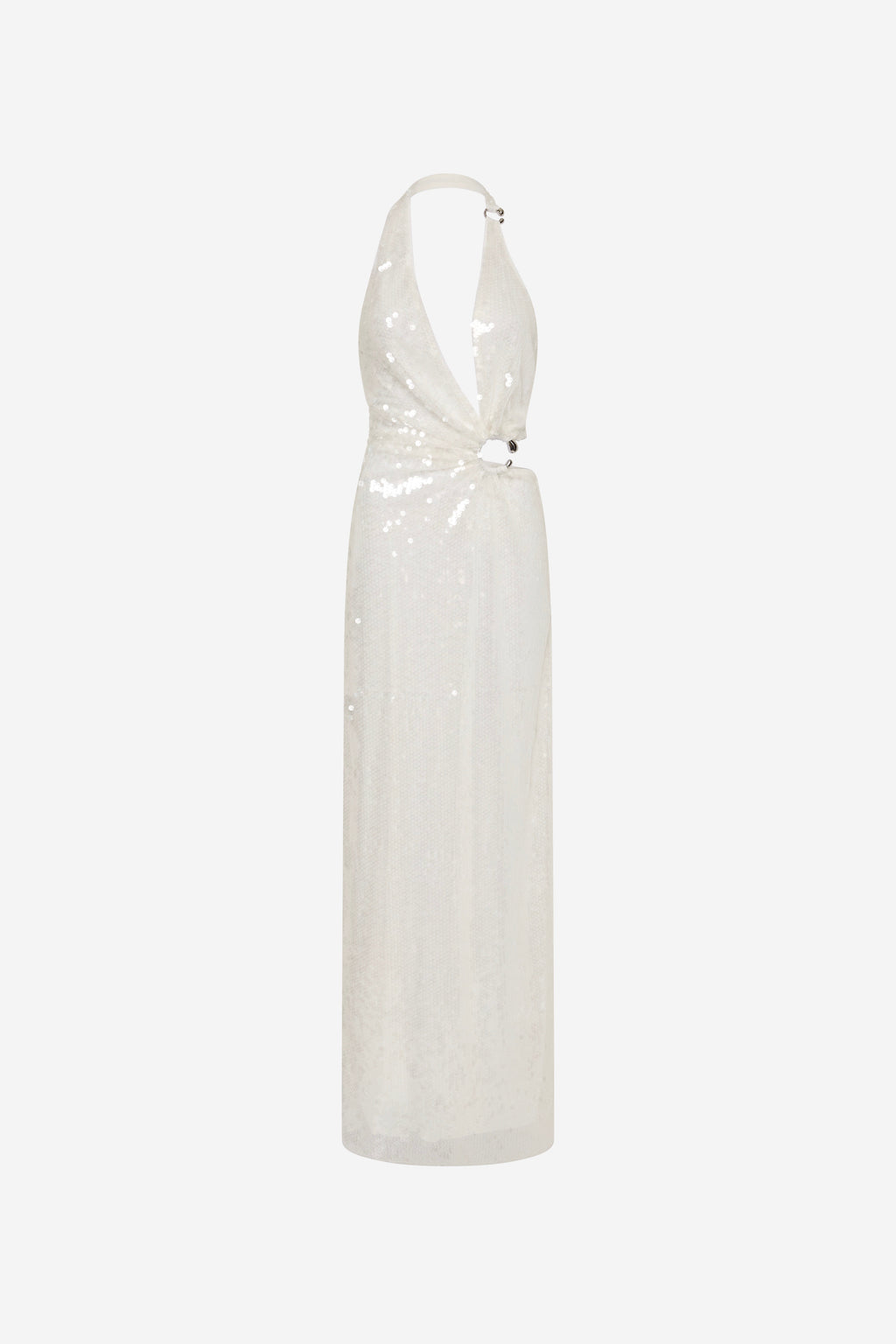 Ivory sequin halter maxi dress, open back with tie strap