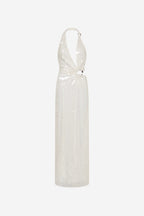 Ivory sequin halter maxi dress, open back with tie strap